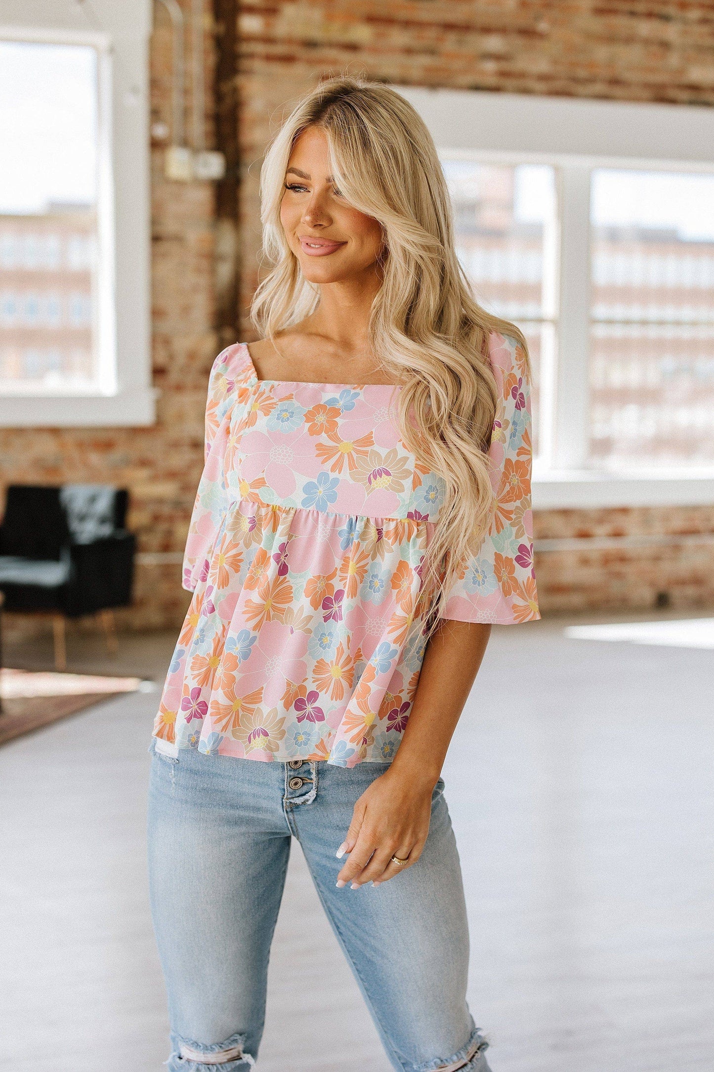 Floral Puff Sleeve Square Neck Blouse
