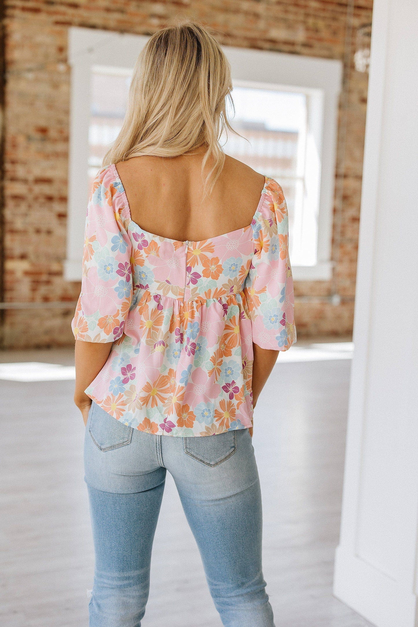 Floral Puff Sleeve Square Neck Blouse