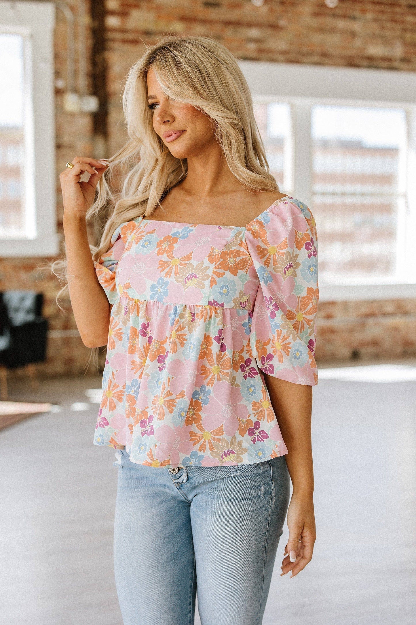 Floral Puff Sleeve Square Neck Blouse