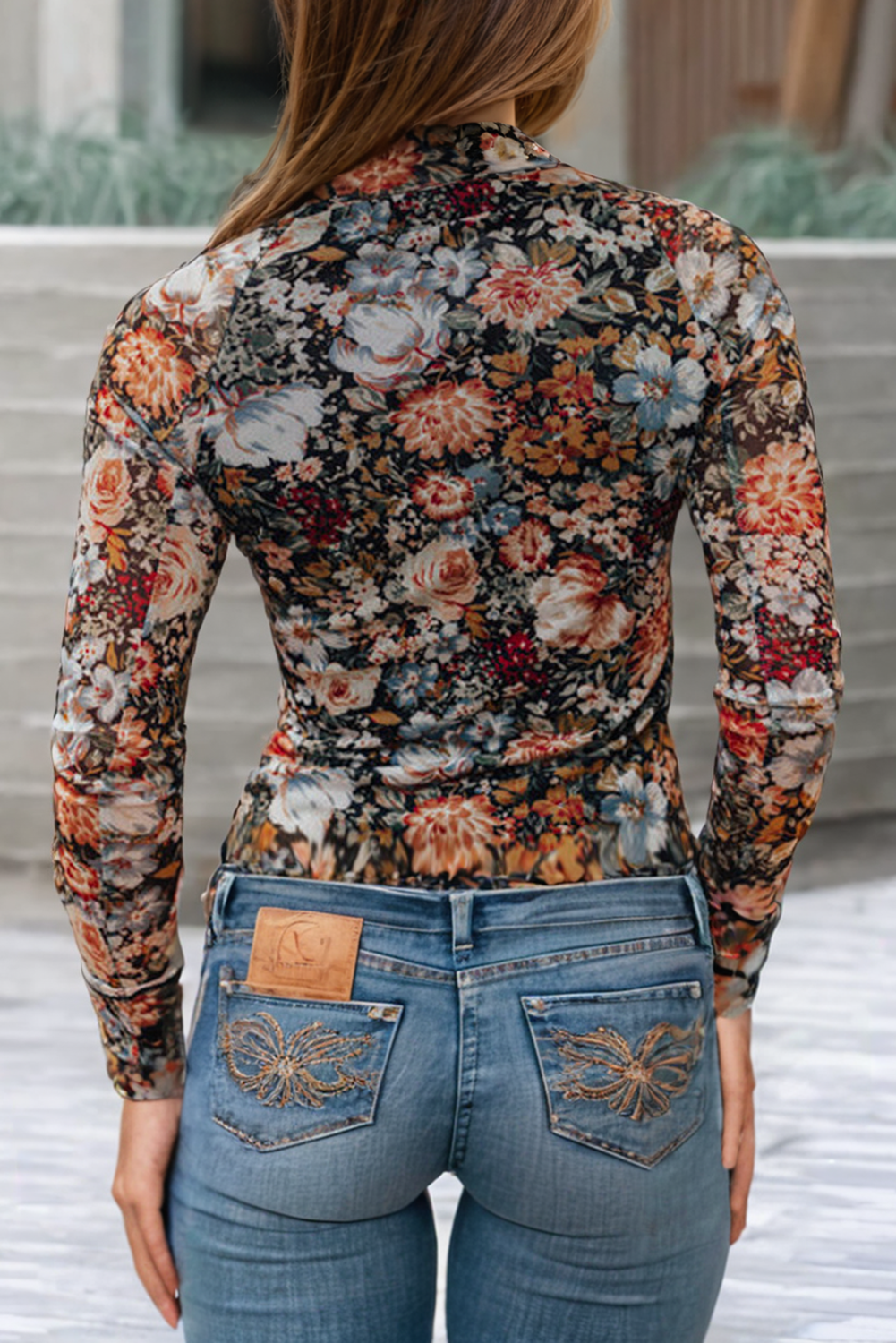 Floral Long Sleeve Mesh Blouse