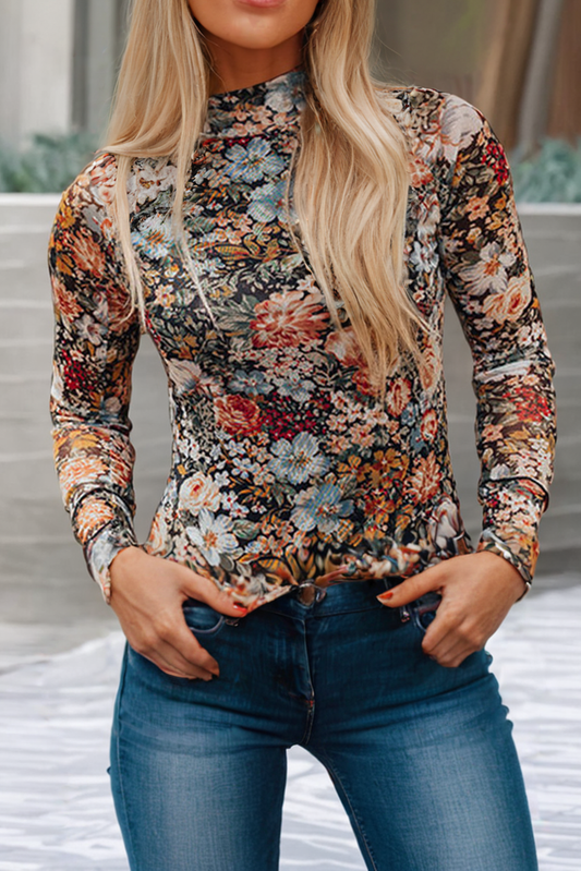 Floral Long Sleeve Mesh Blouse